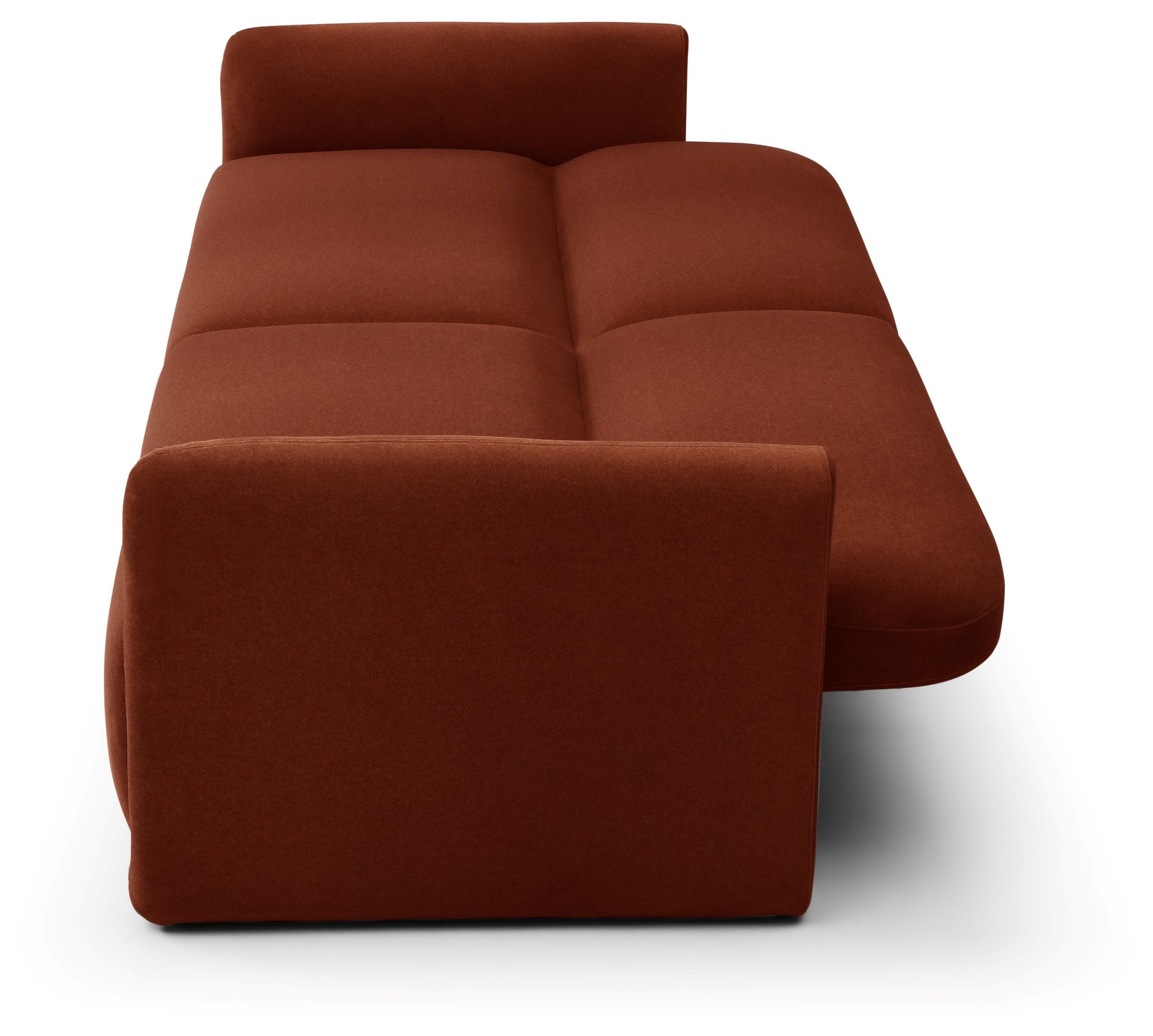 Back view of the Murphy Sofa Bed in burnt orange velvet with the headrests folded down