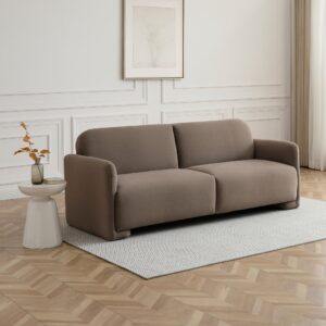 Murphy velvet sofa bed in Mohair Taupe on a low plinth base, in a panelled living room
