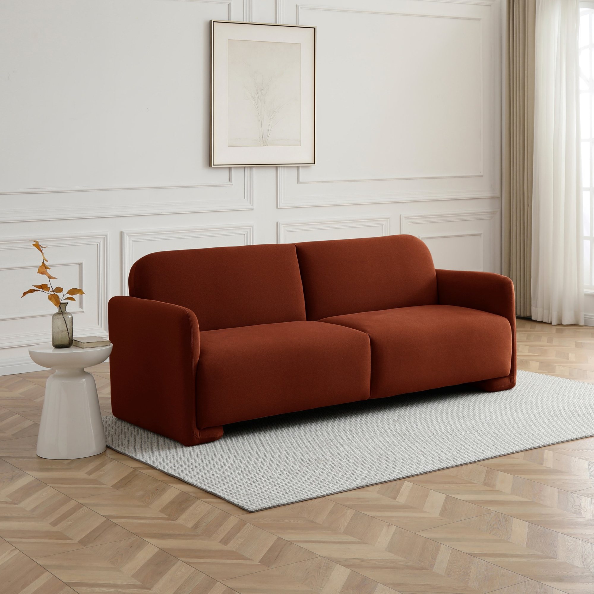 Murphy Sofa Bed in Mohair Burnt Orange flat velvet in a panelled living room