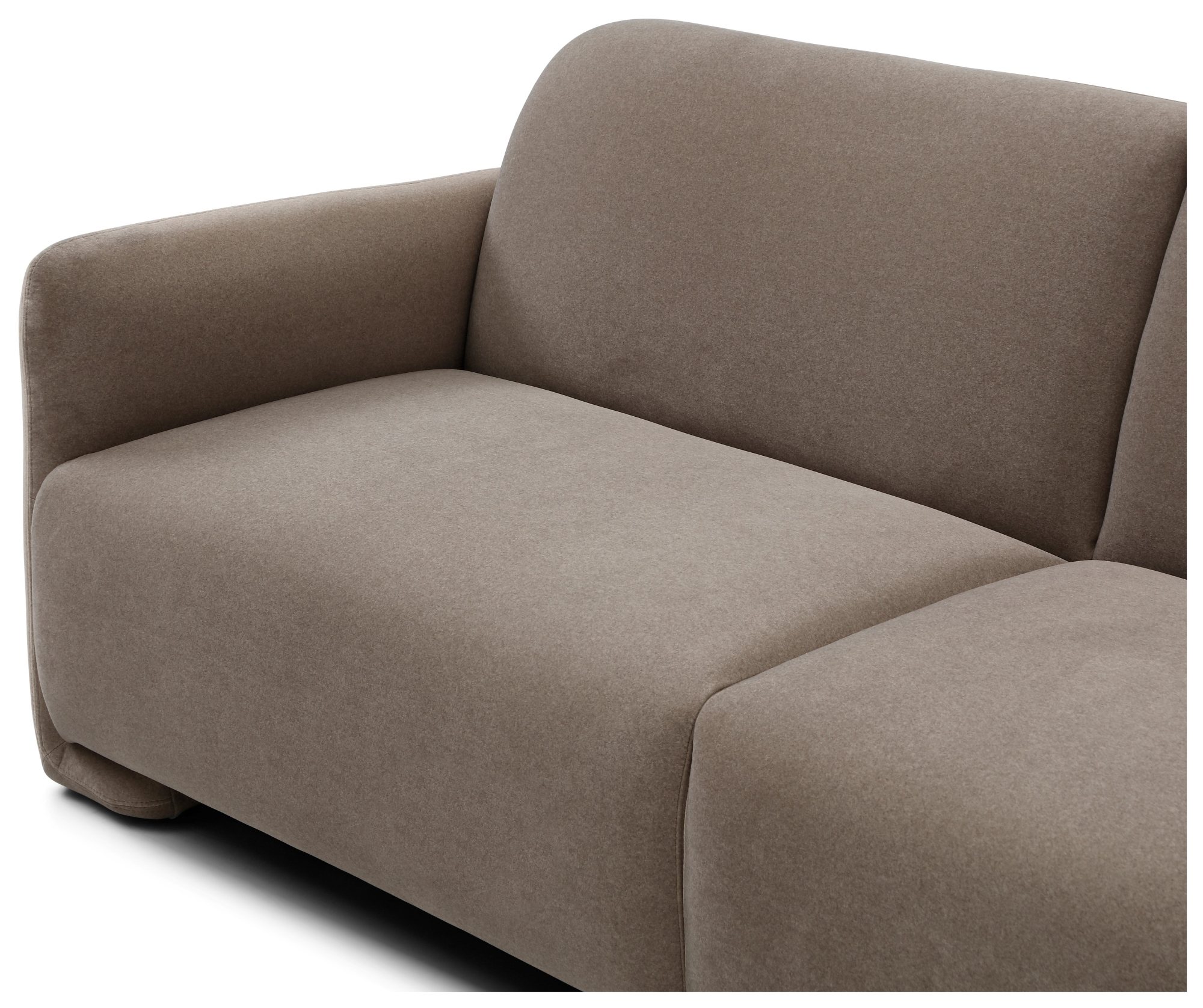Murphy Sofa Bed in Mohair Taupe flat velvet from the side showing the low plinth base