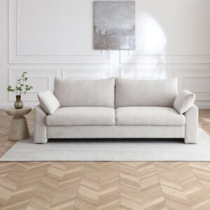 Evelyn wide 3 seater sofa bed in natural fabric, 235cm wide, on a herringbone floor