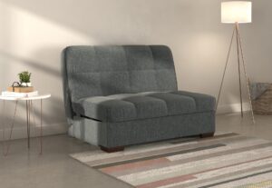 Harper A Frame sofa bed in Piero Thunderstorm slate blue fabric, shown as a sofa in a living room setting