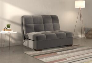 Harper A Frame sofa bed in Sunningdale Granite grey fabric, shown as a sofa with light wood legs