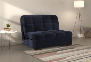 Harper A Frame sofa bed in Sunningdale Midnight navy fabric, shown as a sofa with wooden A-frame arms