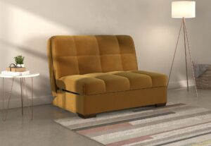 Harper A Frame sofa bed in Sunningdale Saffron mustard fabric, shown as a sofa in a living room setting