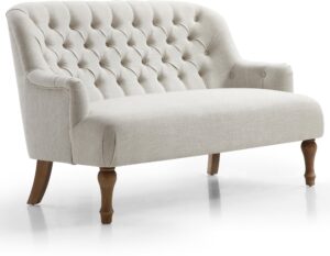 Bianca 2 Seater Chair in cream linen with a tufted back and washed wood legs