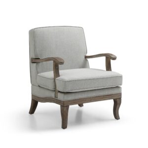 Colwell Armchair in textured linen stripe with wooden arms and curved legs