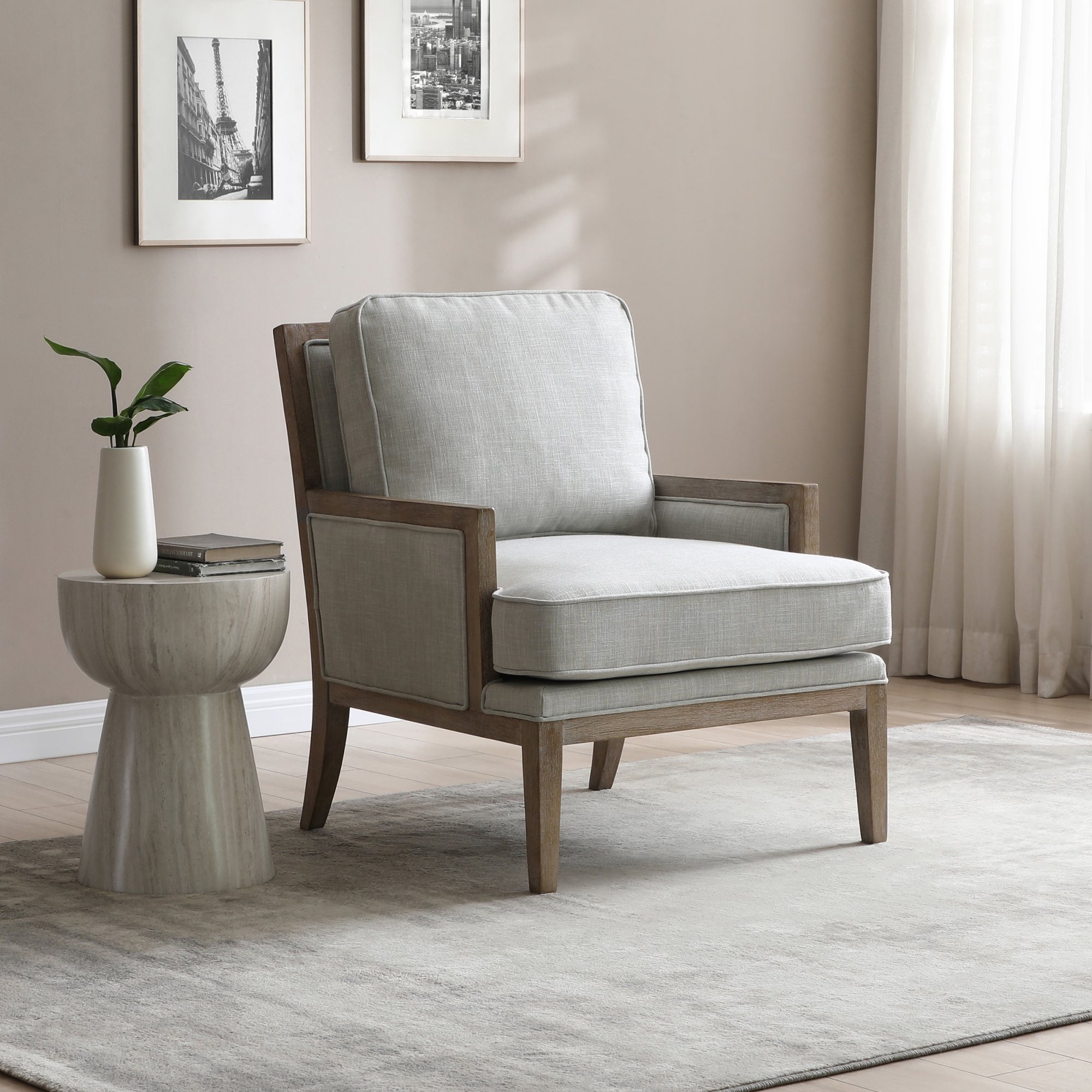 Beatrice Armchair in cream textured linen with washed wood frame