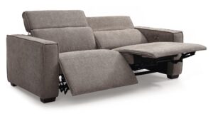 Primo electric recliner sofa viewed from an angle showing the walnut legs