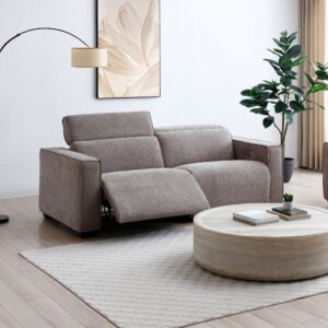 Primo electric recliner sofa shown fully reclined with the footrest out