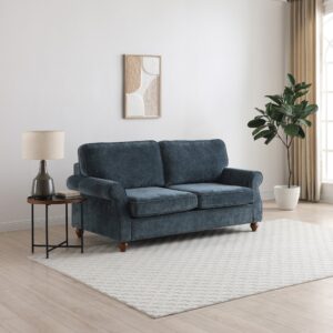 Jacob scroll arm sofa bed in Seoul chenille with turned wooden legs, made to order