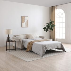 Jacob scroll arm sofa bed in Seoul chenille with turned wooden legs, made to order