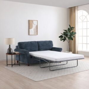 Jacob scroll arm sofa bed in Seoul chenille with turned wooden legs, made to order