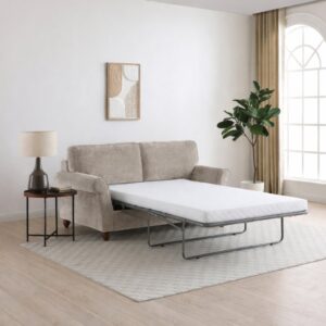 Jacob scroll arm sofa bed in Seoul chenille with turned wooden legs, made to order