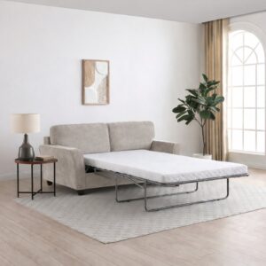 James flared arm sofa bed in Seoul chenille with square block legs, made to order