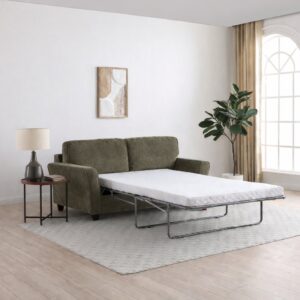 James flared arm sofa bed in Seoul chenille with square block legs, made to order
