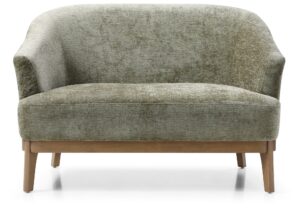 Ella 2 Seater Tub Sofa in natural woven chenille on an antique wood plinth