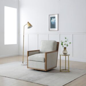 Beatrice Swivel Chair in cream textured linen with washed wood detail