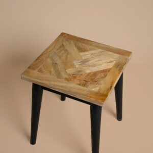 Bentley Parquet Lamp Table with herringbone wooden top and tapered black legs