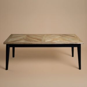 Bentley Parquet Coffee Table with herringbone wooden top on tapered black legs
