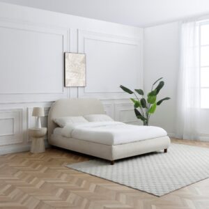 Nora Upholstered Bed Frame in natural boucle with a rectangular headboard and wood legs