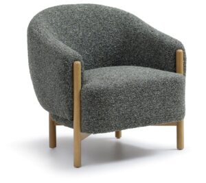 Suzie Barrel Armchair in grey chunky bouclé with show-wood arm accents