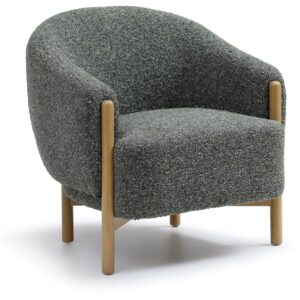 Suzie Barrel Armchair in grey chunky bouclé with show-wood arm accents