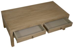 Brodie Coffee Table in pale solid mango wood, front three-quarter view
