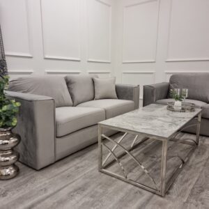 Hudson three seater sofa in a styled room with a marble topped coffee table