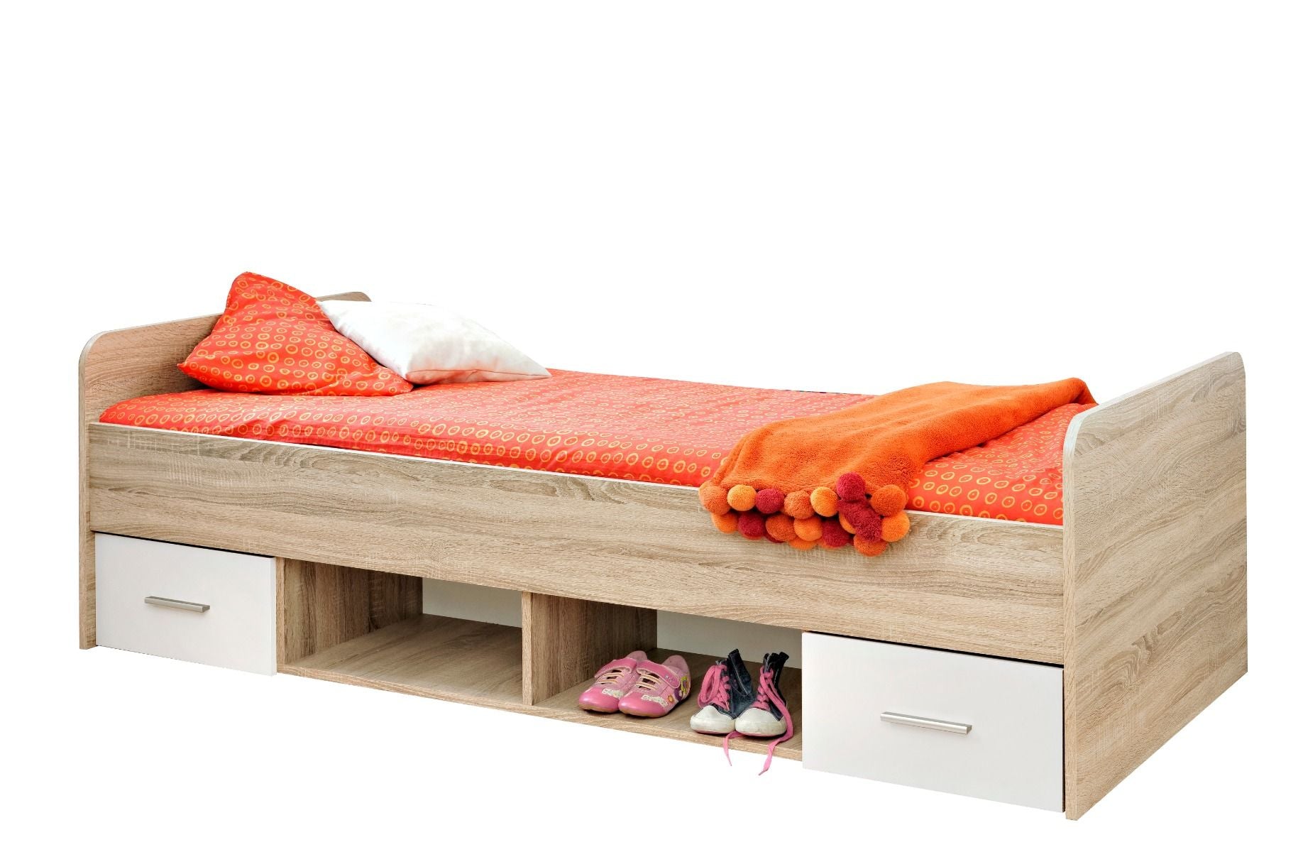 Dino DI-04 Bed with Drawers in White Matt and Oak Sonoma, front view — Arte-N kids single bed