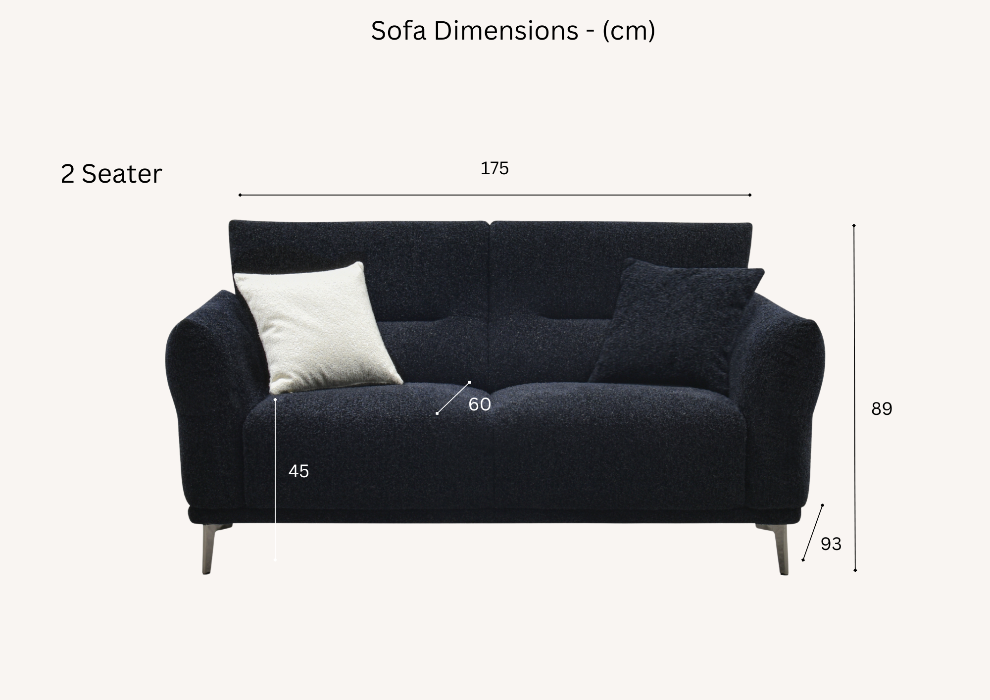 Albany two seater dimension diagram: 175cm wide, 93cm deep, 89cm high