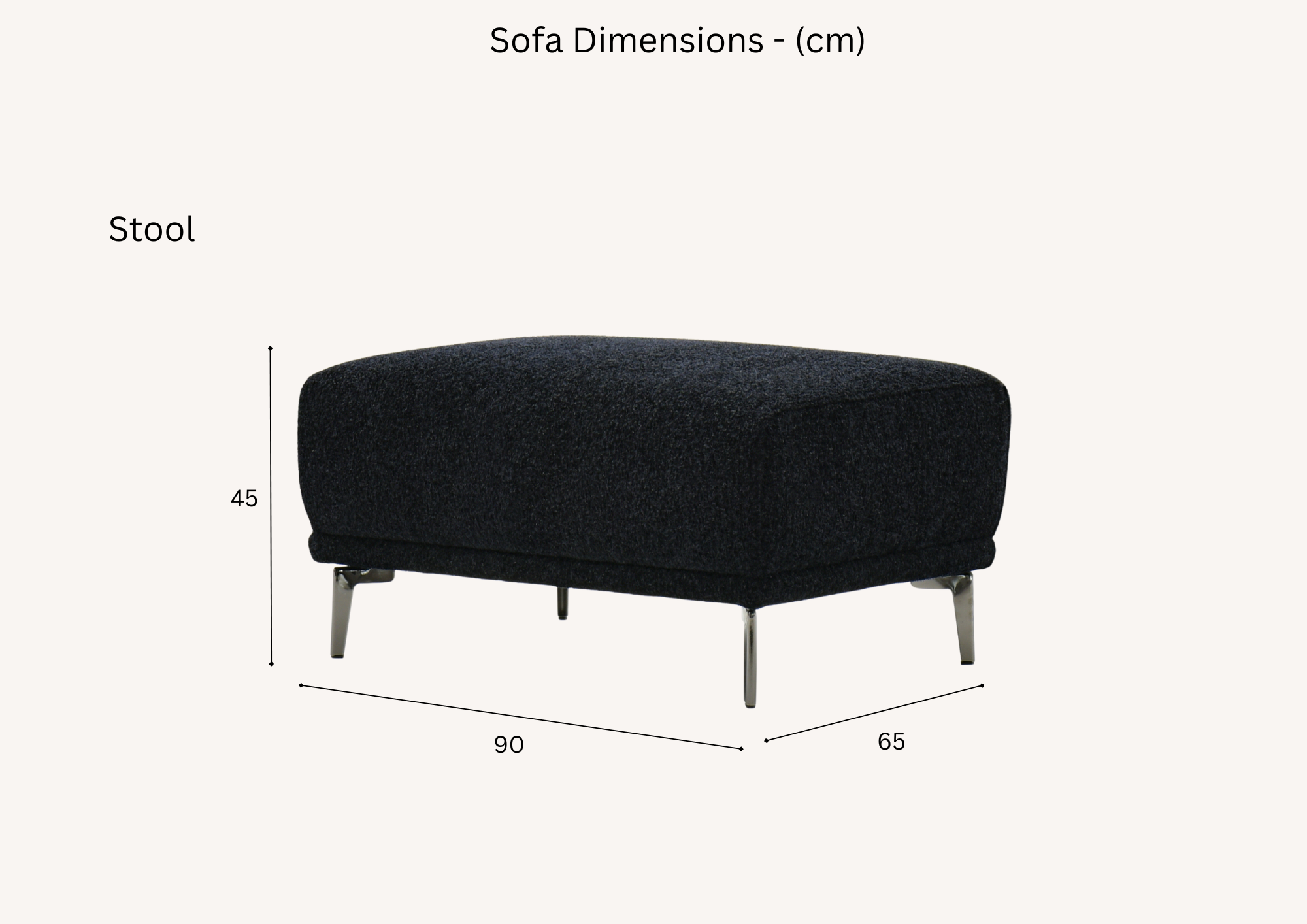 Albany footstool dimension diagram: 90cm wide, 65cm deep, 45cm high