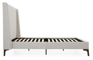 Side view of the Denver upholstered bed frame in Asteria stone textured weave showing the sprung slatted base and low side rails