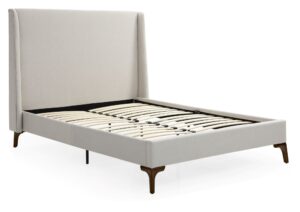 Denver bed frame upholstered in Asteria stone textured weave with a curved wing headboard and dark tapered wooden legs