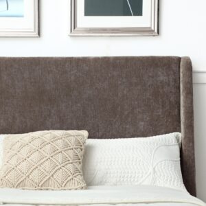 Close detail of the Denver bed curved wing headboard in mocha herringbone chenille with cushions