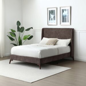 Denver upholstered bed frame in mocha herringbone chenille, styled in a bedroom with dark tapered wooden legs and a curved wing headboard