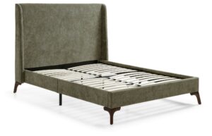 Denver bed frame upholstered in olive herringbone chenille with a curved wing headboard and dark tapered wooden legs