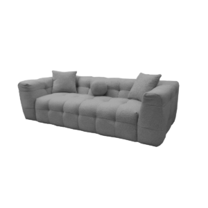 Aluxo Bubble boucle three seater sofa in grey showing its deep rounded arms and low back