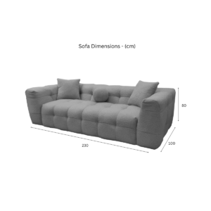 Dimension diagram for the Aluxo Bubble boucle three seater sofa, 230cm wide by 100cm deep by 80cm high