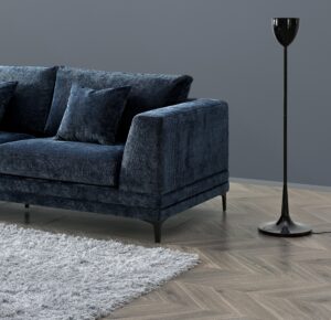 Lenox aegean blue velvet sofa in a room with a floor lamp and rug
