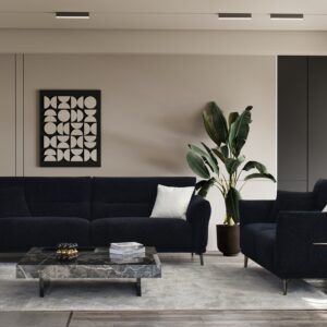 Albany black lux boucle sofa and armchair styled in a modern living room with marble coffee table