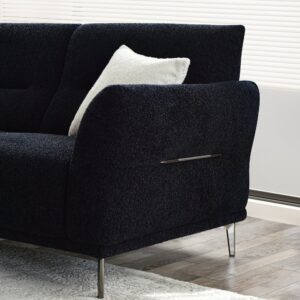Albany black boucle sofa room setting showing the slim brushed metal legs