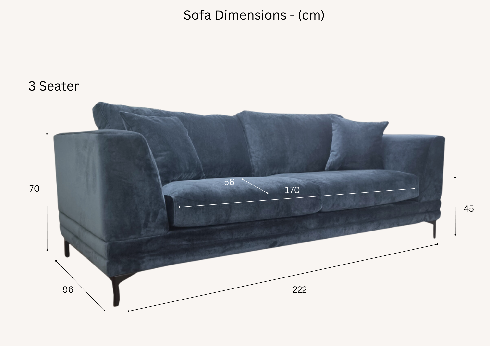 Lenox three seater dimension diagram: 222cm wide, 96cm deep, 70cm high, 170cm seat width, 56cm seat depth