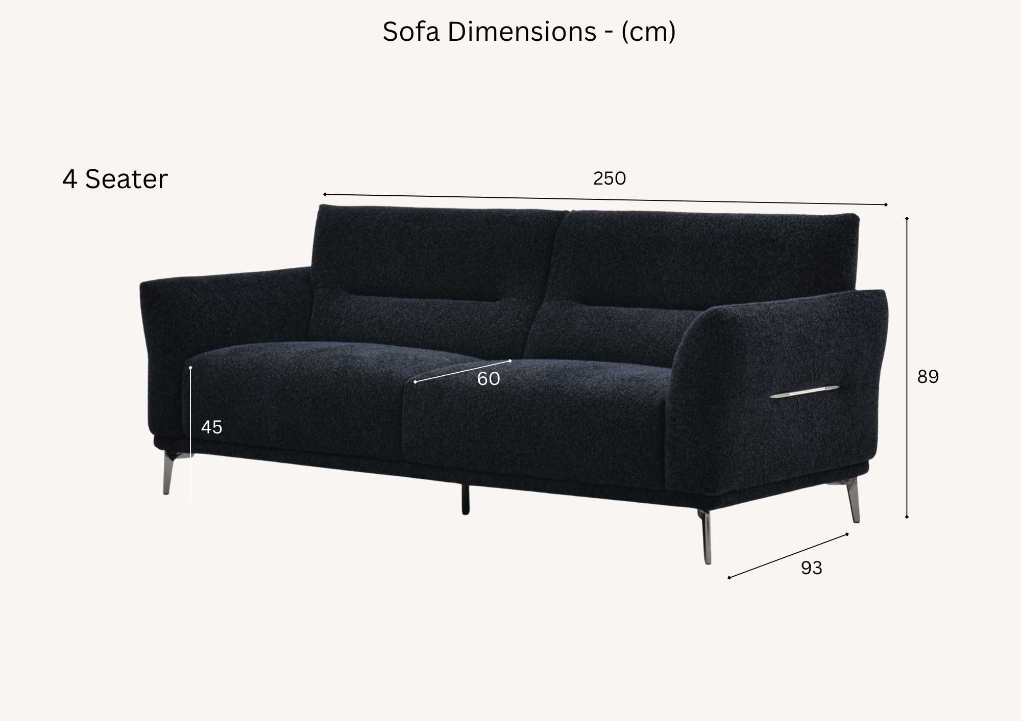 Albany four seater dimension diagram: 250cm wide, 93cm deep, 89cm high, 45cm seat height