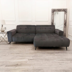 Oslo two piece cinema sofa in steel grey styled in a panelled room with a mirror and side table