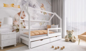 Wooden Single Bed Oskar Bed With Storage, front view — Arte-N kids single bed