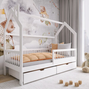 Wooden Single Bed Oskar Bed With Storage, front view — Arte-N kids single bed