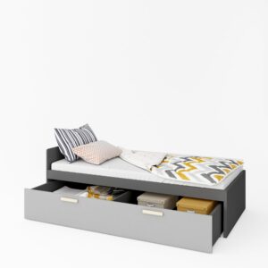 Pok PO-13 Bed with Drawer in Grey and White Matt, front view — Arte-N kids single bed