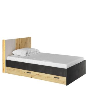 Qubic 11 Bed With LED in Oak Artisan, Silk Flou and Raw Steel, front view — Arte-N kids single bed