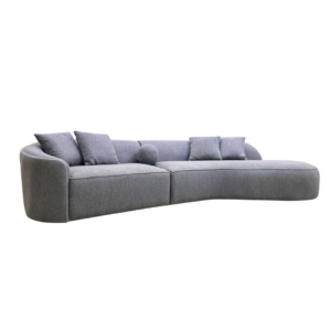 Pebble grey boucle curved sofa shown full length on a plain background